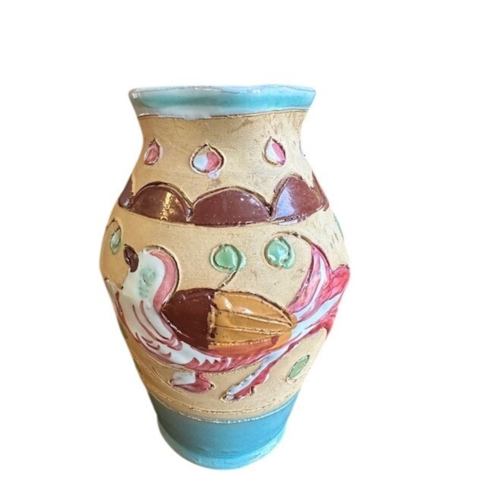 Vintage Assisi Hand Painted‎ Ceramic Bird Pitcher Vase Rustic Folk Art Pottery